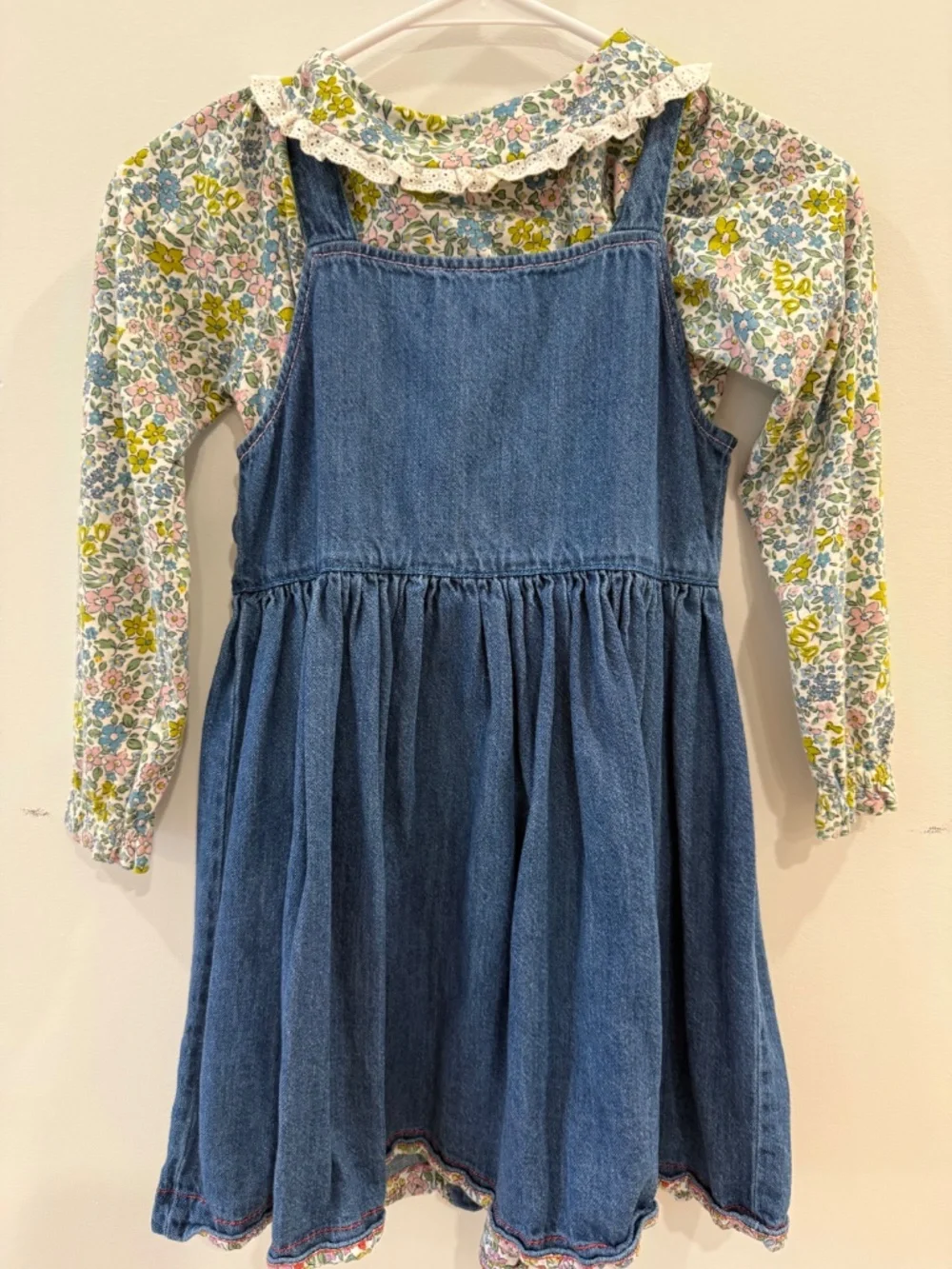 Mini Boden -Denim Button-through Pinafore Dress w/Ruffle Collared Top, Size 8-9y